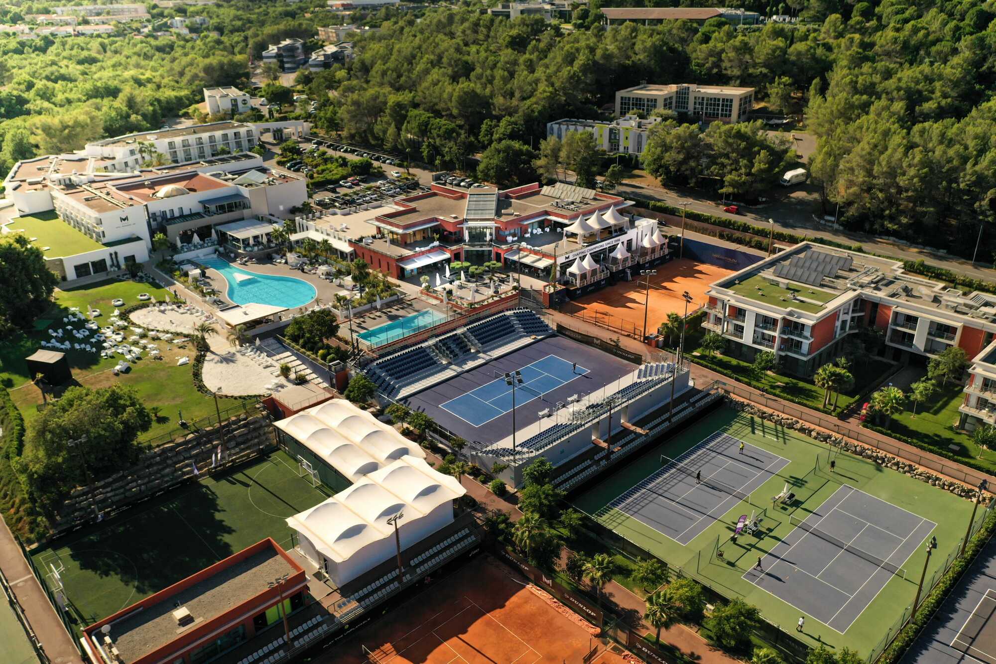 Aerial view of the Mouratoglou Tennis Academy in Sophia Antipolis, France